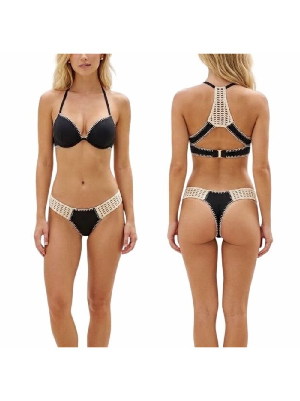 ⭐Victoria's Secret Swim Bikini Set Black Crochet Scuba Push Up 32DD & Thong M